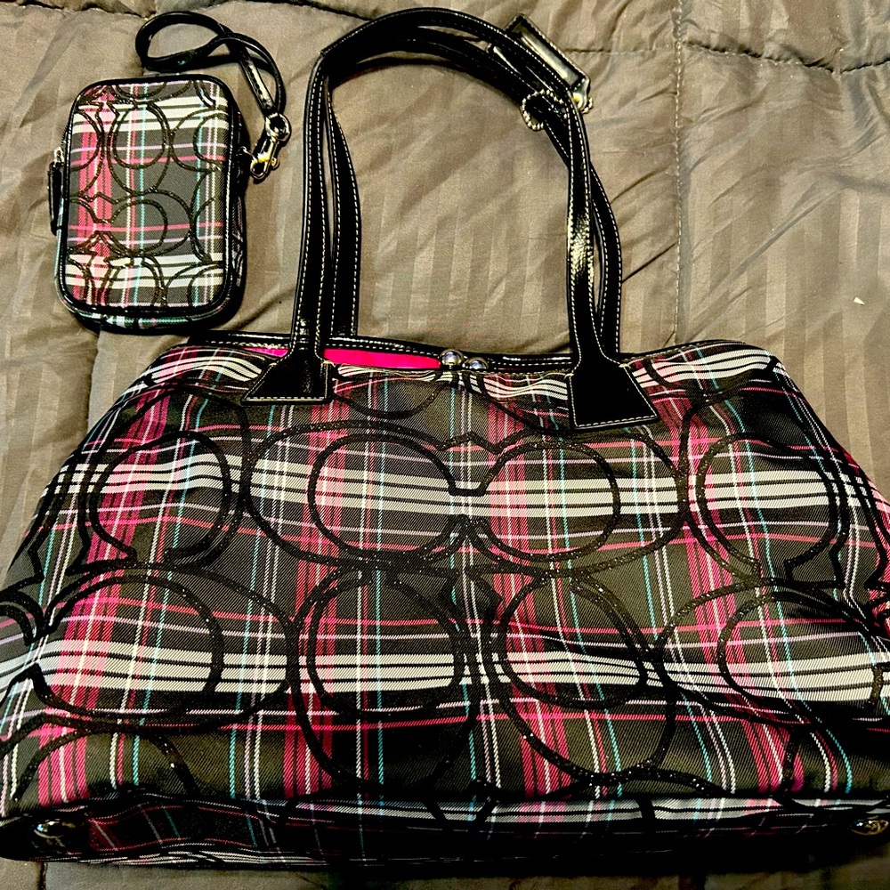 HTF Coach Signature Tartan plaid glitter bag with matching coin/wristlet/wallet!
